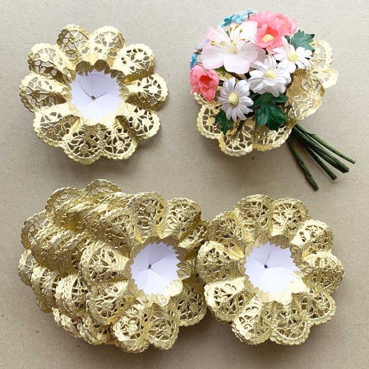 Small Paper Lace Flower Bouquet Holders in Gold ~ Set of 25 ~ 3-3/4" across
